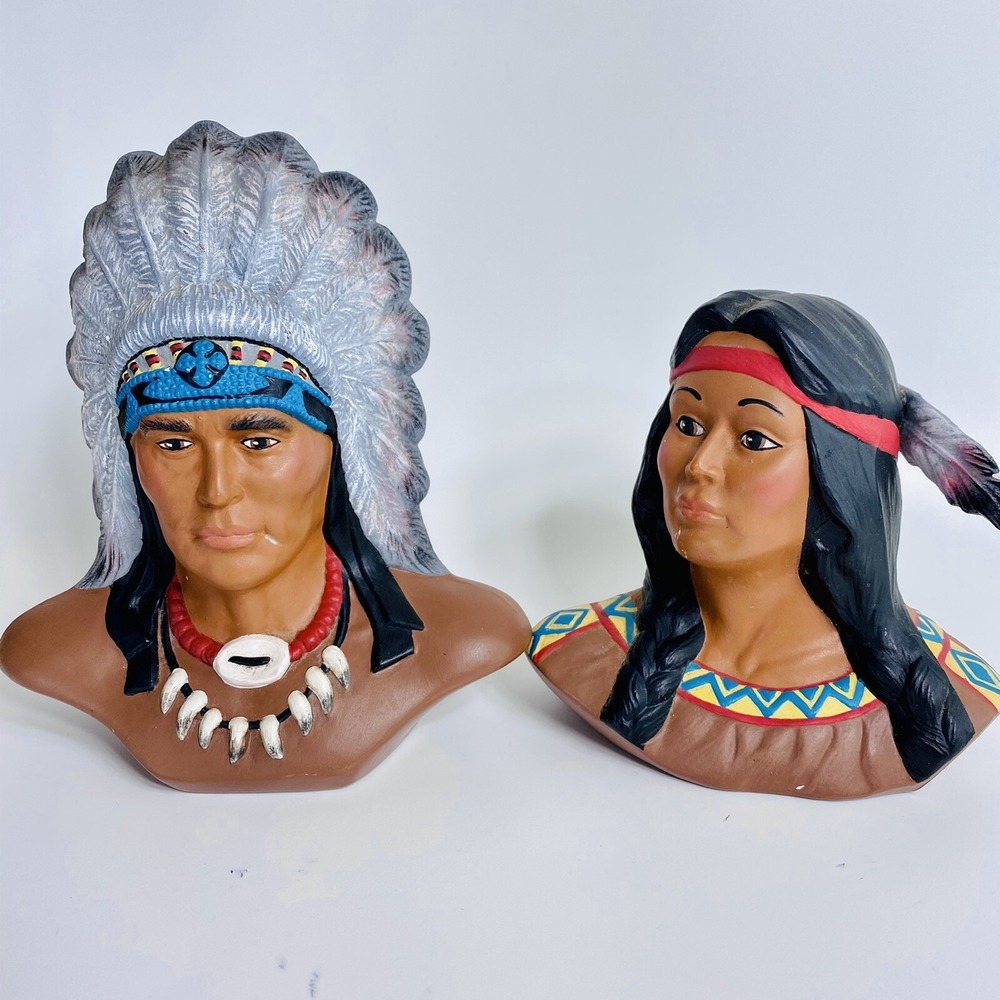 Vintage Native American Chief & Maiden Provincial Mold Ceramic Statues Set 1992